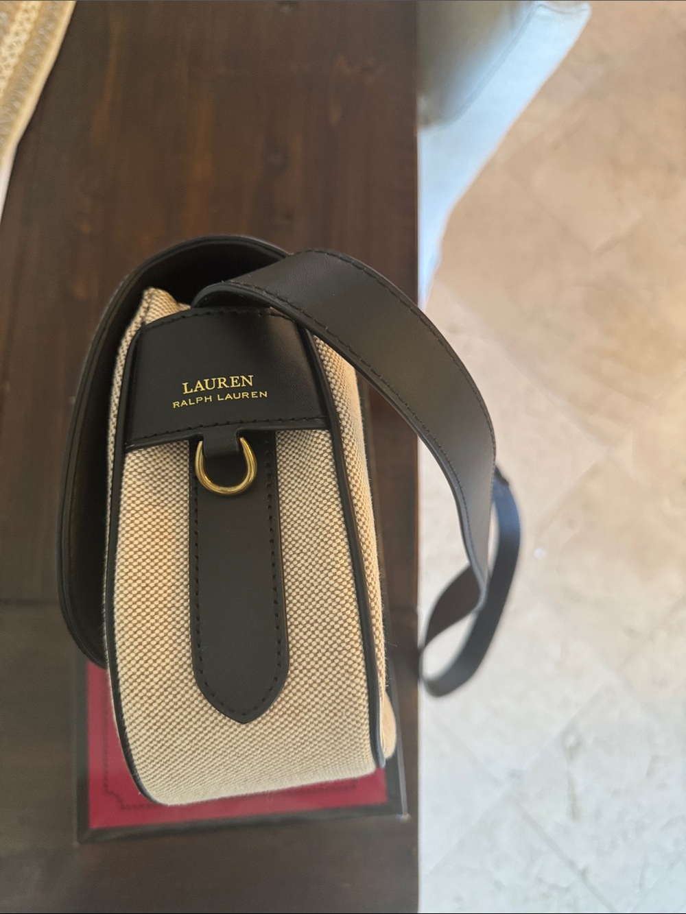Ralph Lauren Beige Canvas and Black Leather Crossbody with Gold Rings - Picture 2 of 5
